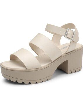 DREAM PAIRS Women's Beige Chunky Block High Heels Open Toe Stylish Ankle Strap